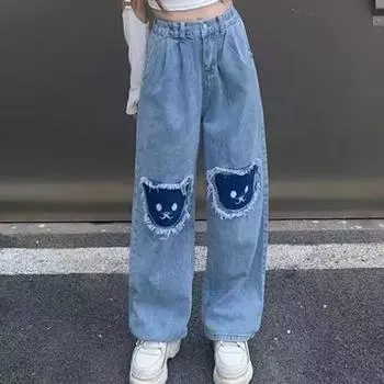Джинсы в стиле ретро с заплатками, женские, с высокой талией, универсальные, свободные, прямые, широкие брюки S синий