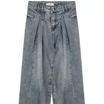 Джинсы в стиле ретро с завышенной талией женские;Весной и осенью 2024 года новые свободные узкие широкие брюки больших размеров для мытья полов. M синий