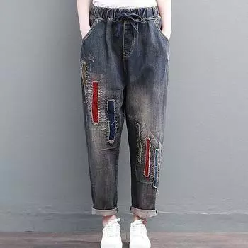Джинсы в винтажном стиле, женские свободные джинсовые брюки с высокой талией и вышивкой, женские корейские повседневные шаровары с нашивками, весна-лето S