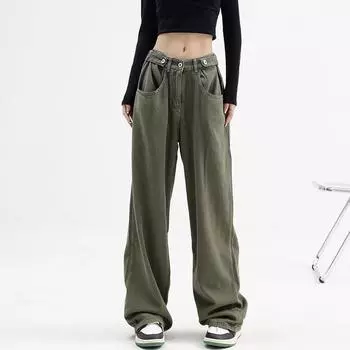 Джинсы весенне-осенние женские свободные широкие прямые брюки 4XL зелёный