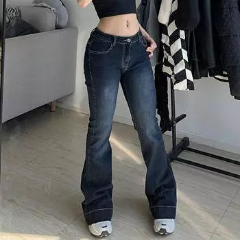Джинсы Y2K High Street с низкой талией, синие женские брюки, джинсы с карманами Bootcut, уличные джинсы с низкой талией, широкие брюки L синий