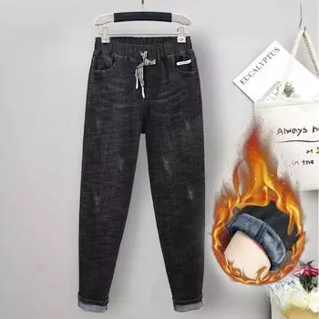 Джинсы женские эластичные шаровары с высокой талией джинсы больших размеров с заниженной талией широкие брюки с подкладкой джинсы с защипами-морковками брюки с комфортной талией L