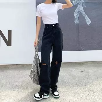 Джинсы женские, большие джинсовые мешковатые брюки с высокой талией, уличная одежда для подростков, универсальные популярные прямые корейские модные брюки-бойфренды L чёрный