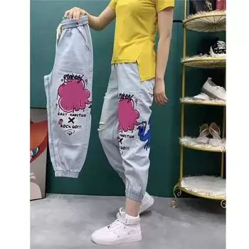 Джинсы женские летние и осенние, тонкие, толстые, свободные, с высокой талией, рваные, Harlan radish Daddy, универсальные брюки с девятью точками 2XL синий