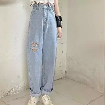 Джинсы женские летние с вырезами в стиле ампир модные джинсовые Mujer хипстерские студенческие милые минималистичные ретро повседневные новые брюки S синий