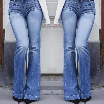 Женские расклешенные широкие джинсы с карманами для стройнящего образа Модный тренд Узкие утягивающие расклешенные брюки с высокой талией Синие брюки S синий