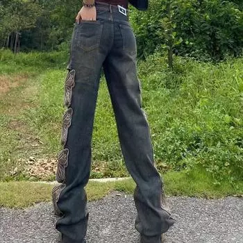 Джинсы женские, модные, в стиле ретро, с высокой талией, с вышивкой, свободные брюки с широкими штанинами и полями в виде бабочки XXXL