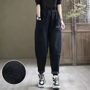 Джинсы женские осенне-зимние плюс бархатные утолщенные свободные большие карманы верхняя одежда эластичный пояс черные повседневные брюки шаровары XXL