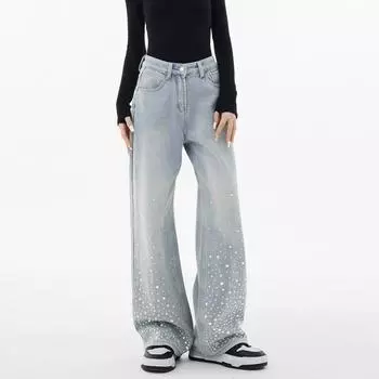 Джинсы женские осенние ретро брюки с высокой талией, широкие брюки, свободные узкие драпированные брюки для уборки L светло-синий