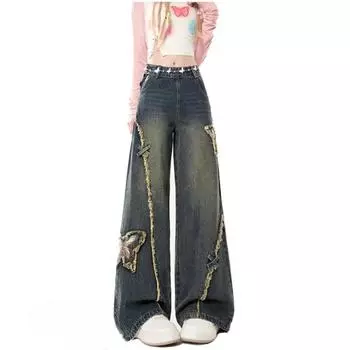 Джинсы женские осенние свободные с высокой талией длиной до пола из шерстяной ткани в стиле пэчворк с вышивкой и бантом S синий