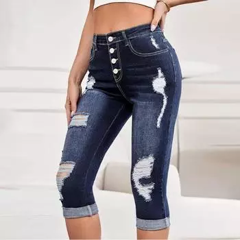 Джинсы женские повседневные летние эластичные брюки с высокой талией L синий