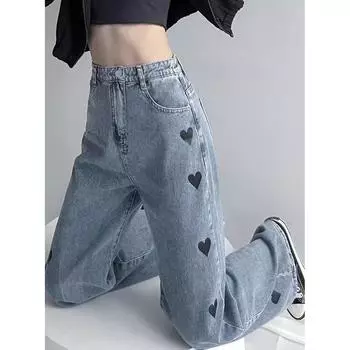 Джинсы женские простые повседневные прямые брюки Harajuku с сердечным принтом свободные шикарные брюки High Street XS светло-синий