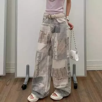 Джинсы женские прямые джинсовые брюки-газеты длинные широкие брюки #y2k e-girl Fairycore 2000-е эстетика гранжа плюс размер 4XL harajuku S