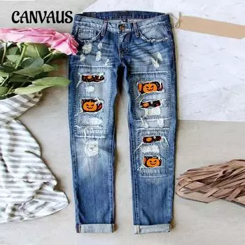 Джинсы женские с принтом тыквы на Хэллоуин, прямые брюки средней посадки S синий