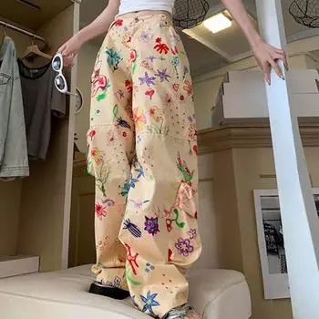 Джоггеры Y2k Широкие брюки с несколькими карманами и цветочным принтом Женские мешковатые брюки-карго Уличная одежда S абрикосовый