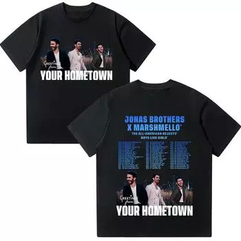 Джонас 20 Привет из твоего родного города Тур Футболка Jonas Brothers Винтажный Мерч группы Новинка Футболки Хлопок Летняя Футболка Унисекс XS чёрный