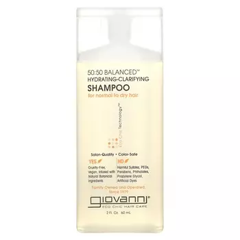 Джованни, 50:50 Сбалансированный, увлажняющий и очищающий шампунь для нормальных и сухих волос, 2 жидких унции (60 мл)