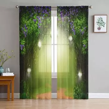Джунгли Фонарь Фиолетовый Цветок Природа Тюль Оконные Шторы Гостиная Из Органзы Прозрачная Вуаль Шторы Спальня Кухня Домашний Декор W135 x H115cm x1