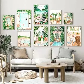 Джунгли, качели, луг, тропический пляж, бассейн, марокканское настенное искусство, холст, живопись, постеры и принты, настенные панно для декора гостиной 21X30cm No Frame