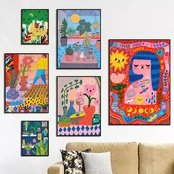 Джунгли Красочные Милые Кошки Искусство Холст Картина Абстрактные Мультфильм Растения Листья Плакат Печать Детская Гостиная Настенная Картина Домашний Декор 21x30cm No Framed