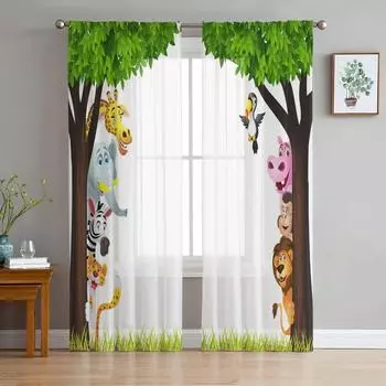 Джунгли, лес, мультфильм, животное, лев, слон, тюль, прозрачные шторы для гостиной, спальни, занавески на окна, вуаль, органза, шторы W135 x H115cm x1&Rod Pocket