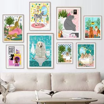 Джунгли Тигр Верблюд Ванна Ботанические Растения Печать Плакат Дикие Животные Душ Настенное Искусство Холст Картина для Ванной Комнаты Туалет Декор 21x30cm No Framed синий