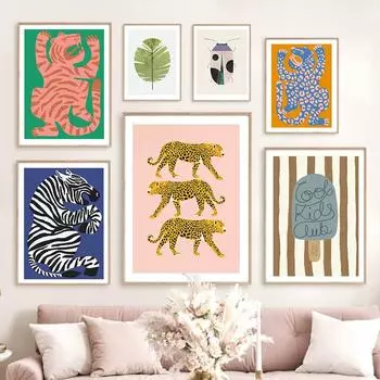 Джунгли Тигр в полоску, настенная живопись на холсте, позитивные постеры-подтверждения, принты с зелеными перьями, фотографии для декора гостиной 21x30cm No Framed белый