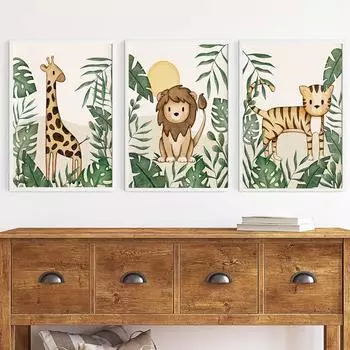 Джунгли Животные Тигр Лев Жираф Бохо Мультфильм Настенное Искусство Детская Детская Комната Декор Детские Плакаты Печать Холст Картина 21x30cm No Framed