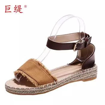 Джути точечный весенне-летние новые wish Amazon независимая станция eaby внешняя торговля большой размер плоская пеньковая веревка женские сандалии 35