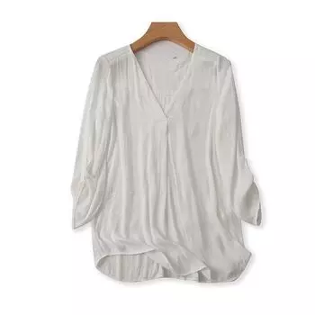 E23 Women s Summer V-neck 3/4 Sleeves Loose Chiffon Shirt White M
