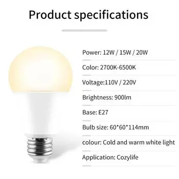 E27 WiFi Smart LED Light Bulbs 110 В 220 В 12 Вт 15 Вт 20 Вт LED Lamp Cozylife APP Control Home Lighting Support Alexa Google Home Yes