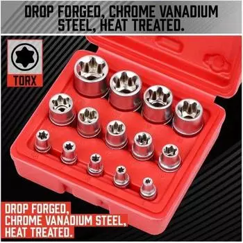 E4-E24 Star Socket Set Wrench Head Auto Repair Tools External Torx Socket Set Female E Torx Socket Set with a Case 14-Pieces синий