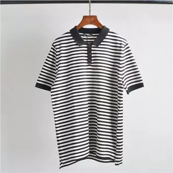 E--1 Spring and Summer Quality Men s New Recommend Lapel Black and White Stripes Loose Short Sleeve Tops Knitting Polo Shirt Black 4XL