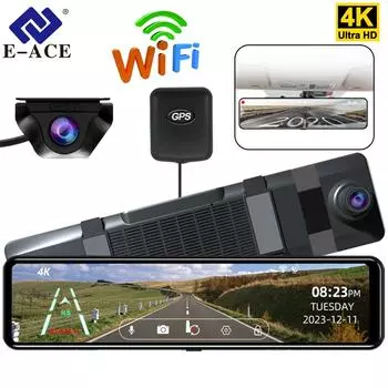E-ACE 11,26-дюймовый сенсорный экран Автомобильный видеорегистратор 4K Зеркало заднего вида DVR записывающее устройство с двумя объективами