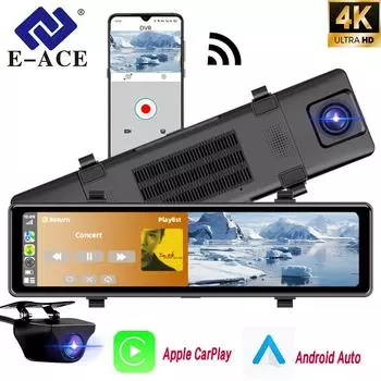 E-ACE 12 дюймов 4K Carplay&Android Auto Car DVR Dash Cam Stream Mirror Video Recorder 1080P Зеркало заднего вида 5G Wifi/GPS/BT/FM AUX No TF Card