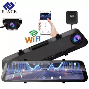 E-ACE 2K Stream Media Dash Camera Mirror 12 Автомобильный видеорегистратор 1440P WiFi Видеорегистратор Поддержка GPS 1080P Камера заднего вида Ночное видение NO TF Card
