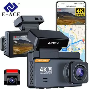 E-ACE 4K Dash Cam, 3-дюймовый мини-видеорегистратор для автомобиля, оснащен двумя объективами, GPS, WiFi, круглосуточным мониторингом парковки, обзором сзади 1080P и функцией ночного видения. No TF Card