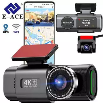 E-ACE 4K Мини-видеорегистратор GPS Wi-Fi 24H Парковка Двойной объектив с камерой заднего вида 1080P Ночное видение Черный ящик для автомобиля No TF Card