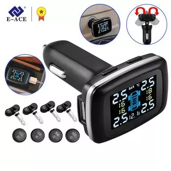 E-ACE Автомобильная система контроля давления в шинах TPMS с интеллектуальным дисплеем, система мониторинга сигнализации, зарядка через USB, автоматическая безопасность с 4 датчиками