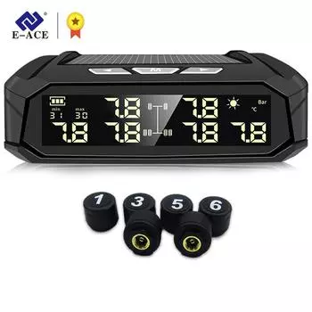 E-ACE Автомобильная TPMS Система контроля давления в шинах Автоматический дисплей Мониторинг сигналов тревоги USB-зарядка Оповещение о температуре с 6 датчиками