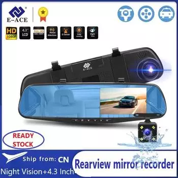 E-ACE Dvr Dash Camera Автомобильный видеорегистратор Зеркало FHD 1080P 4,3-дюймовый двойной объектив с камерой заднего вида Автоматический видеорегистратор No TF Card белый