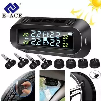 E-ACE Solar Smart TPMS Автомобильная система контроля давления в шинах, 4 датчика, дисплей, интеллектуальное предупреждение о температуре и давлении в шинах K04-External