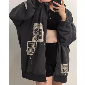 E-girl толстовка в стиле панк с темным принтом гранж-куртка Y2k винтажная женская уличная рубашка в стиле хип-хоп Harajuku аниме готические толстовки женское пальто на молнии XL чёрный