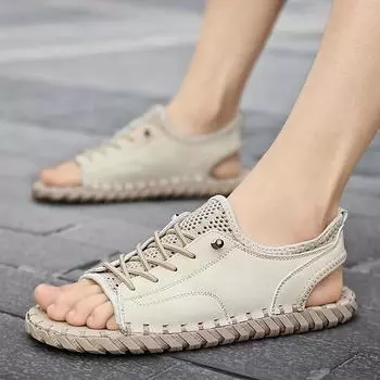 EAEOVNI men sandals Trendy Style Men s Casual Sports fashion Slippers handmade sewing Outdoor Breathable Open-Toe Sandals 38 бежевый