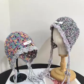 Ear caps children spring and summer breathable versatile trendy fresh and cute hand-woven hollow mixed color knitted straps thin