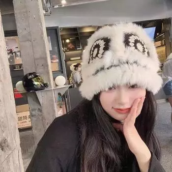 Ear Ethnic Style Tiger Head hat Female Hats Korean Style Caps Wnter Bucket Hat Rabbit Fur Caps чёрный