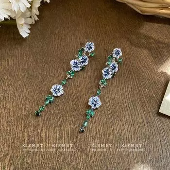 Ear Flower ~ 2025 New Best Selling Retro Oil Painting Style Blue Flower Ear Studs Long Tassel Super Fairy Ornament