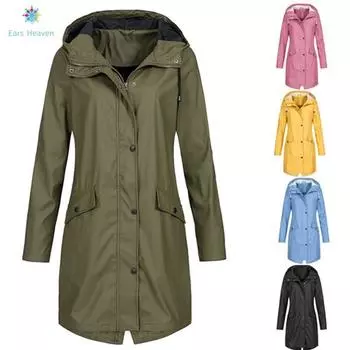 EAR женский однотонный дождевик на открытом воздухе плюс размер плащ с капюшоном ветрозащитная длинная куртка пальто XXXL армия зеленый