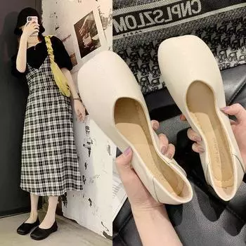 Early 2025 autumn square head single shoes women s trendy shoes shallow mouth low heel soft leather soft sole Internet celebrities wear two new women 35 жёлтый