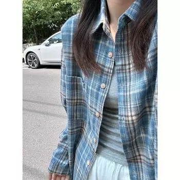 Early Autumn Gingham Long Sleeves Outer Match Shirt Women Spring & Fall Loose Oversize Harajuku Style Casual All-Match Shirt Outwear Blue S